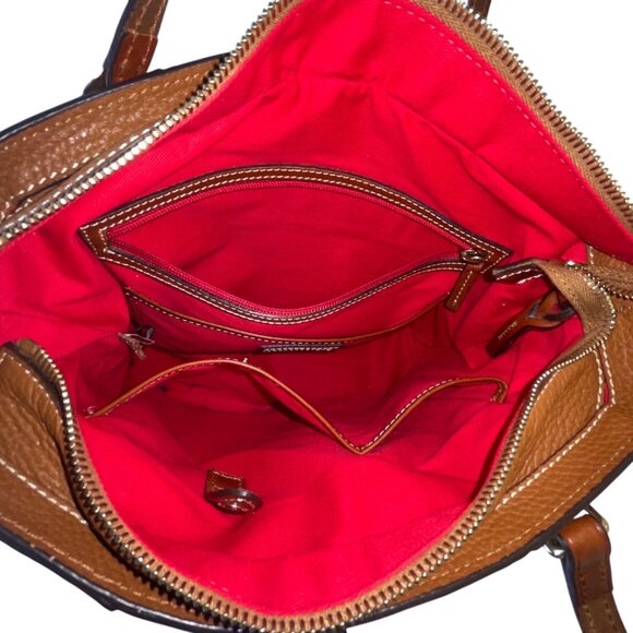 Dooney & Bourke Tan Brown Pebbled Leather Gold Accents Double Strap Shoulder Bag - Picture 12 of 16